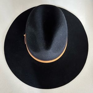 Gigi Pip Emma Wide Brim Fedora- Black XS/55 with Cognac Leather Hat Band